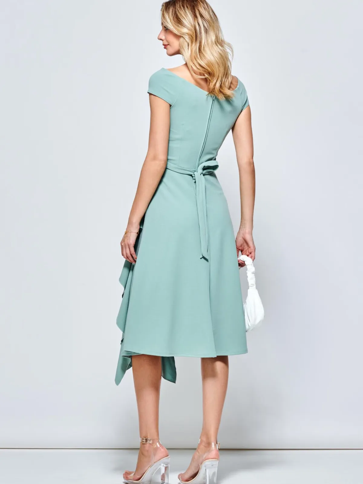 Jolie Moi Occasion Dresses-Skylar Off Shoulder Ruffle Hem Dress, Mint Green