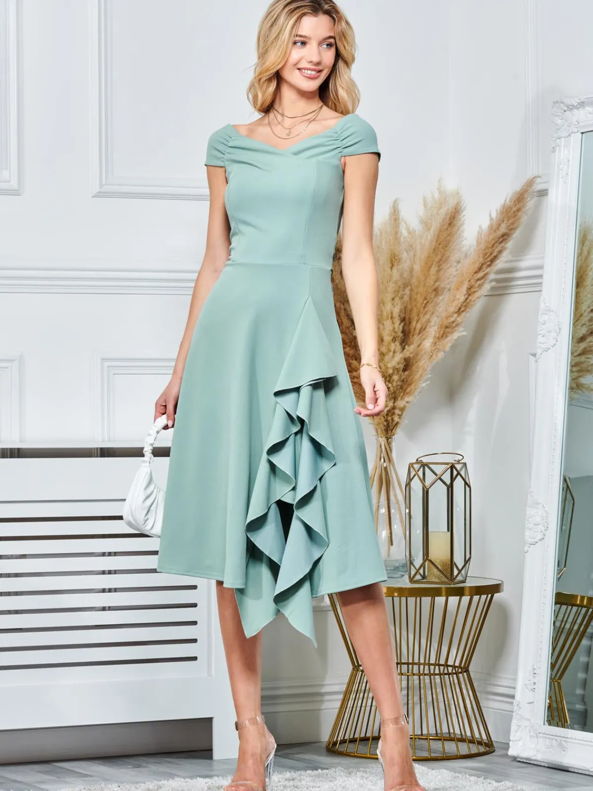Jolie Moi Occasion Dresses-Skylar Off Shoulder Ruffle Hem Dress, Mint Green