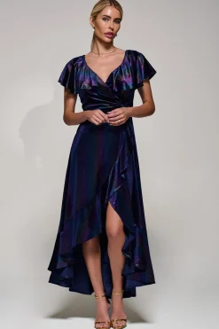 Jolie Moi Occasion Dresses|Velvet Dresses-Stripe Print Asymmetric Ruffle Velvet Dress, Navy/Multi