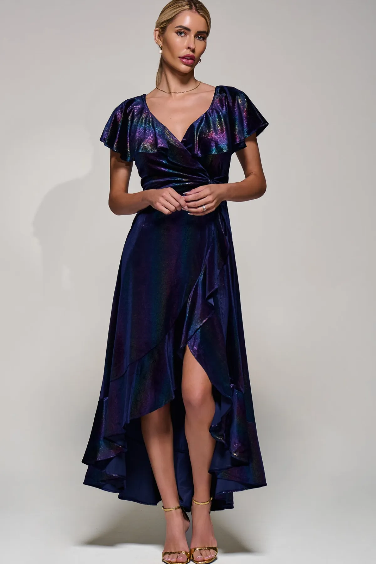 Jolie Moi Occasion Dresses|Velvet Dresses-Stripe Print Asymmetric Ruffle Velvet Dress, Navy/Multi
