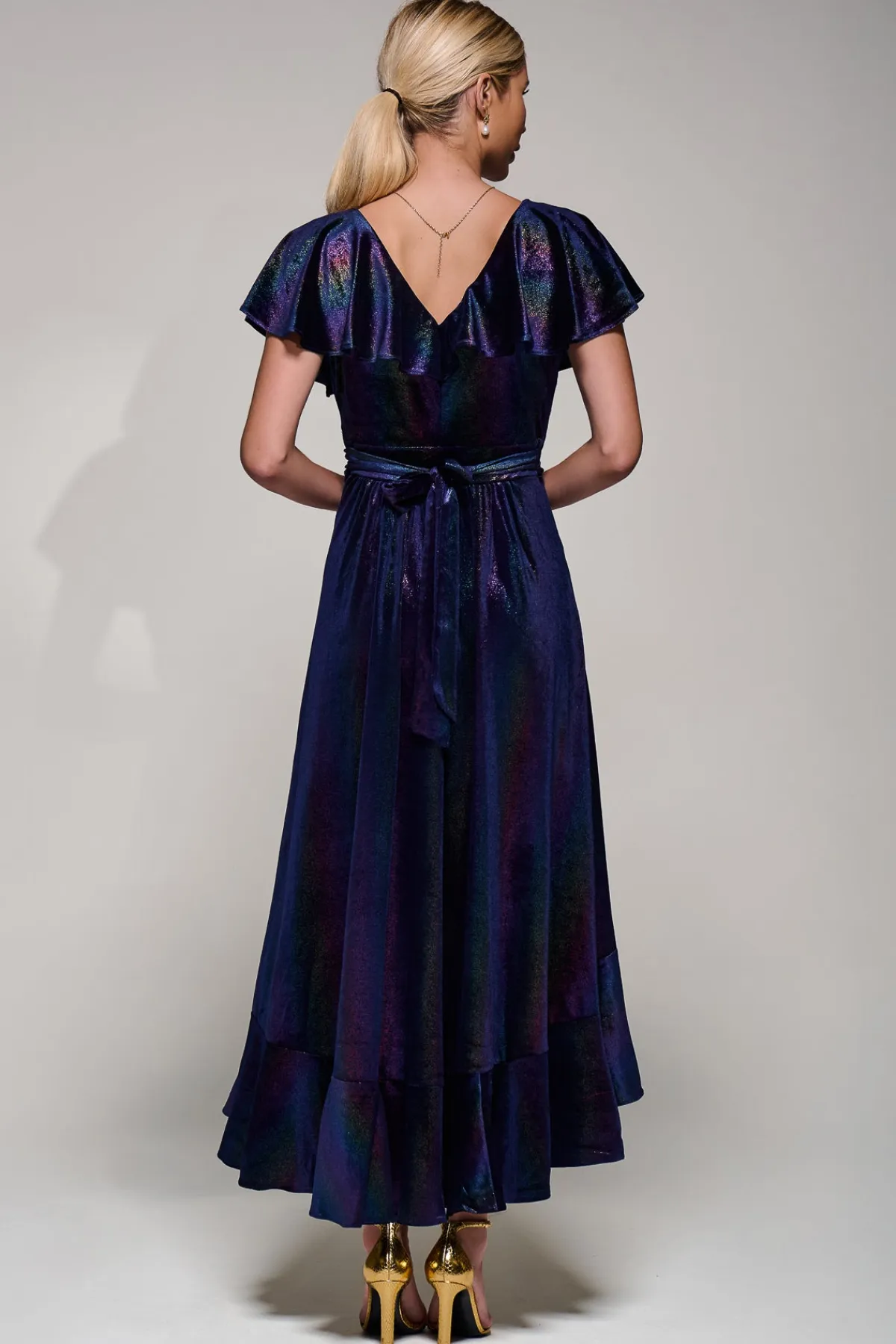 Jolie Moi Occasion Dresses|Velvet Dresses-Stripe Print Asymmetric Ruffle Velvet Dress, Navy/Multi