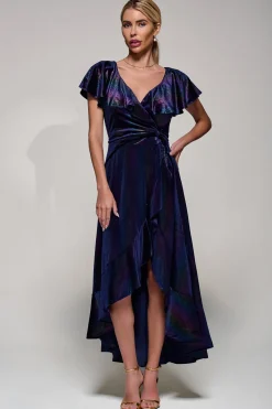 Jolie Moi Occasion Dresses|Velvet Dresses-Stripe Print Asymmetric Ruffle Velvet Dress, Navy/Multi