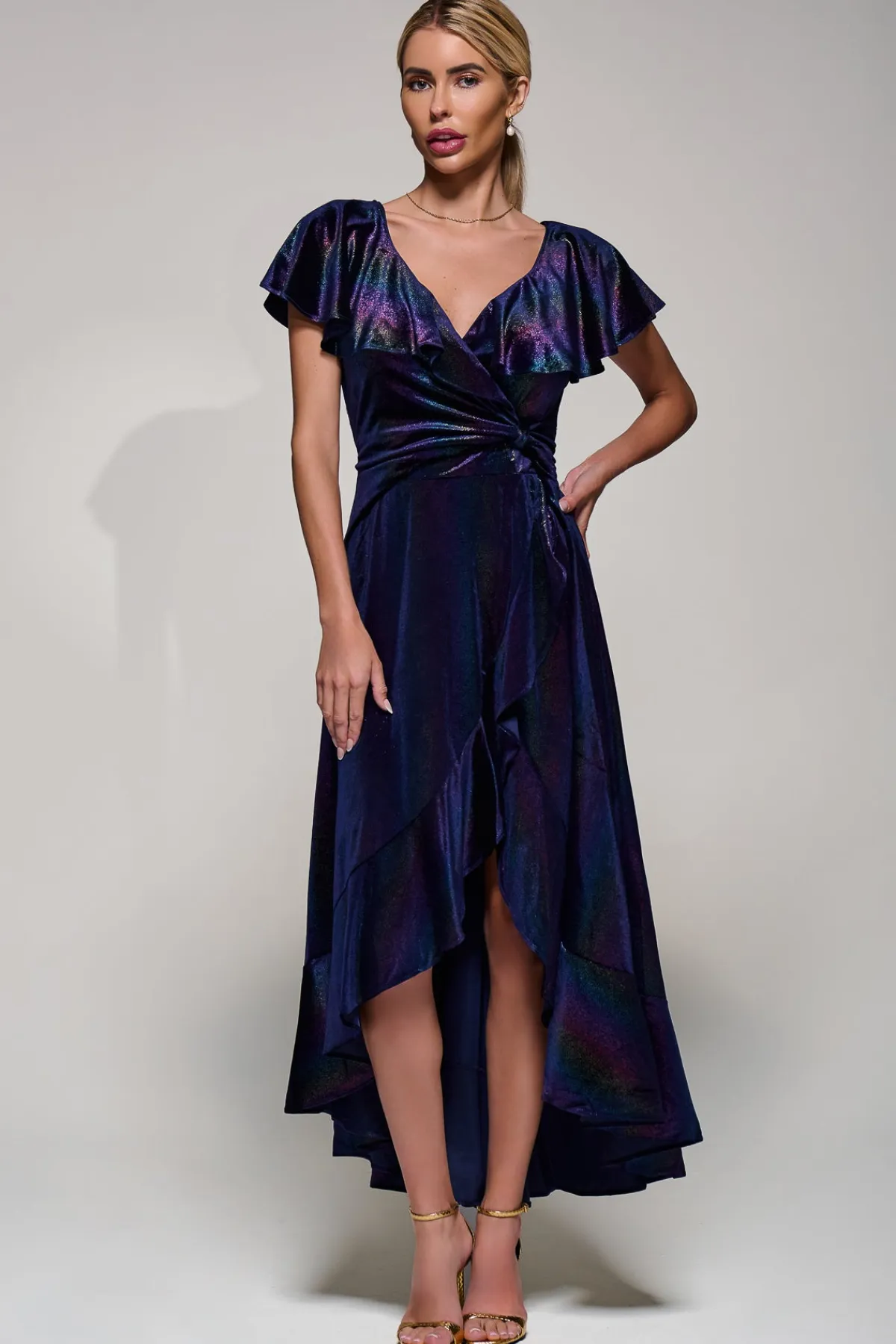 Jolie Moi Occasion Dresses|Velvet Dresses-Stripe Print Asymmetric Ruffle Velvet Dress, Navy/Multi