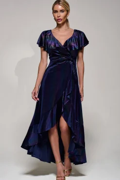 Jolie Moi Occasion Dresses|Velvet Dresses-Stripe Print Asymmetric Ruffle Velvet Dress, Navy/Multi