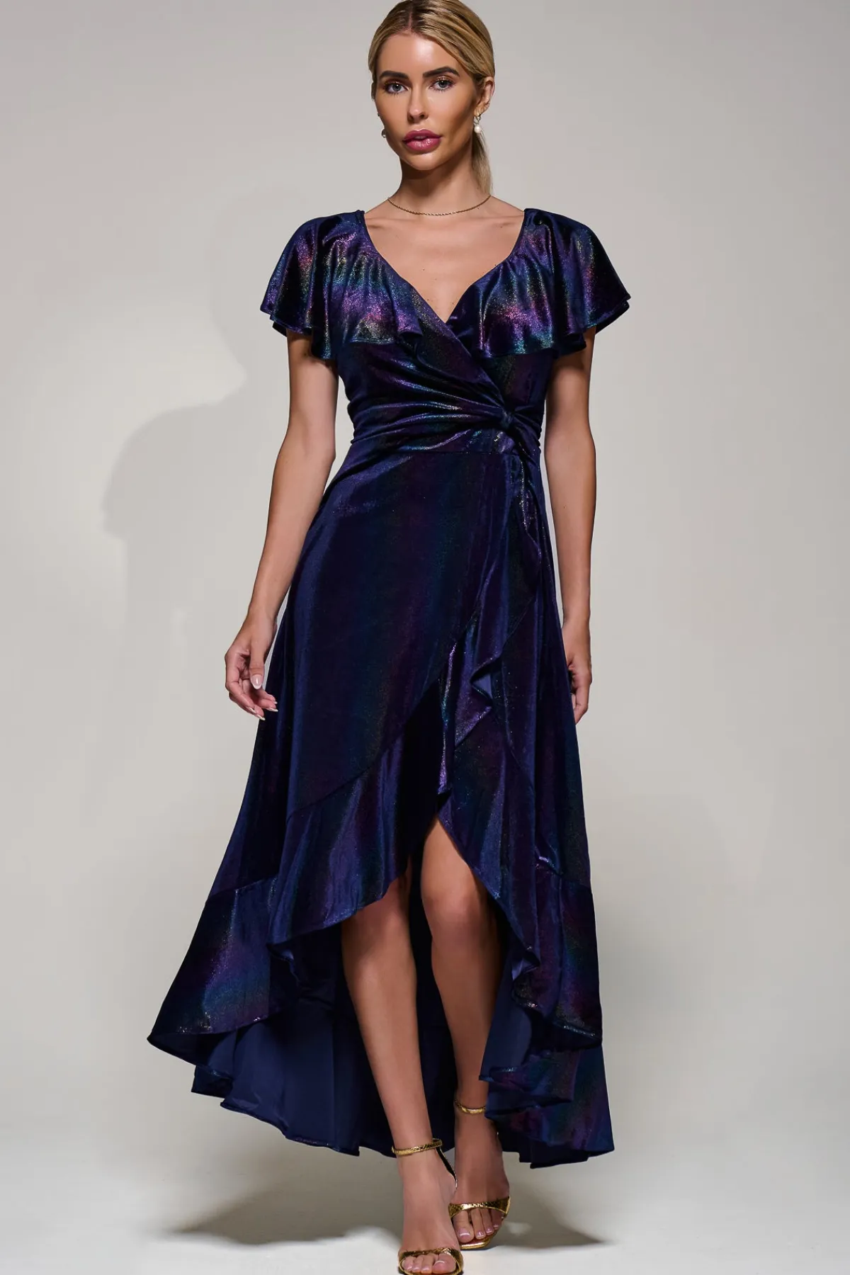 Jolie Moi Occasion Dresses|Velvet Dresses-Stripe Print Asymmetric Ruffle Velvet Dress, Navy/Multi