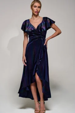 Jolie Moi Occasion Dresses|Velvet Dresses-Stripe Print Asymmetric Ruffle Velvet Dress, Navy/Multi
