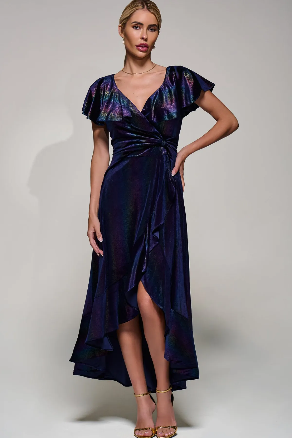 Jolie Moi Occasion Dresses|Velvet Dresses-Stripe Print Asymmetric Ruffle Velvet Dress, Navy/Multi