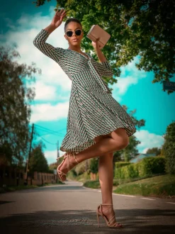 Jolie Moi Occasion Dresses|Jersey Dresses-Tie Front Sleeved Dress, Green/Multi