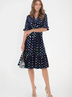 Jolie Moi Occasion Dresses|Velvet Dresses-Twist Front Metallic Spot Print Velvet Dress, Navy/Multi