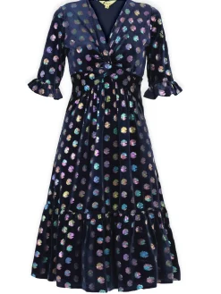 Jolie Moi Occasion Dresses|Velvet Dresses-Twist Front Metallic Spot Print Velvet Dress, Navy/Multi