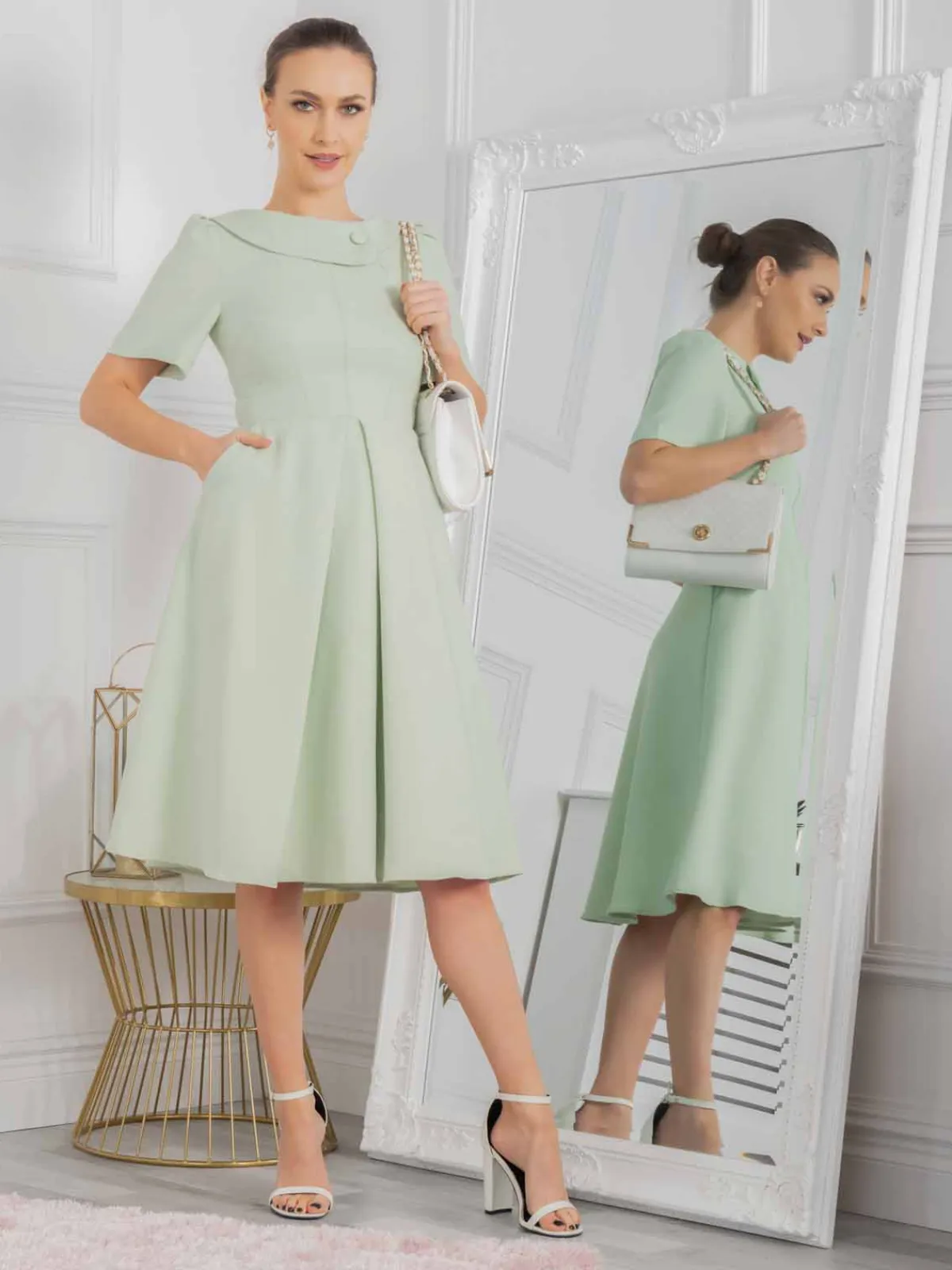 Jolie Moi Occasion Dresses|Weekend Casuals-Valery Button Collar Dress, Green Multi