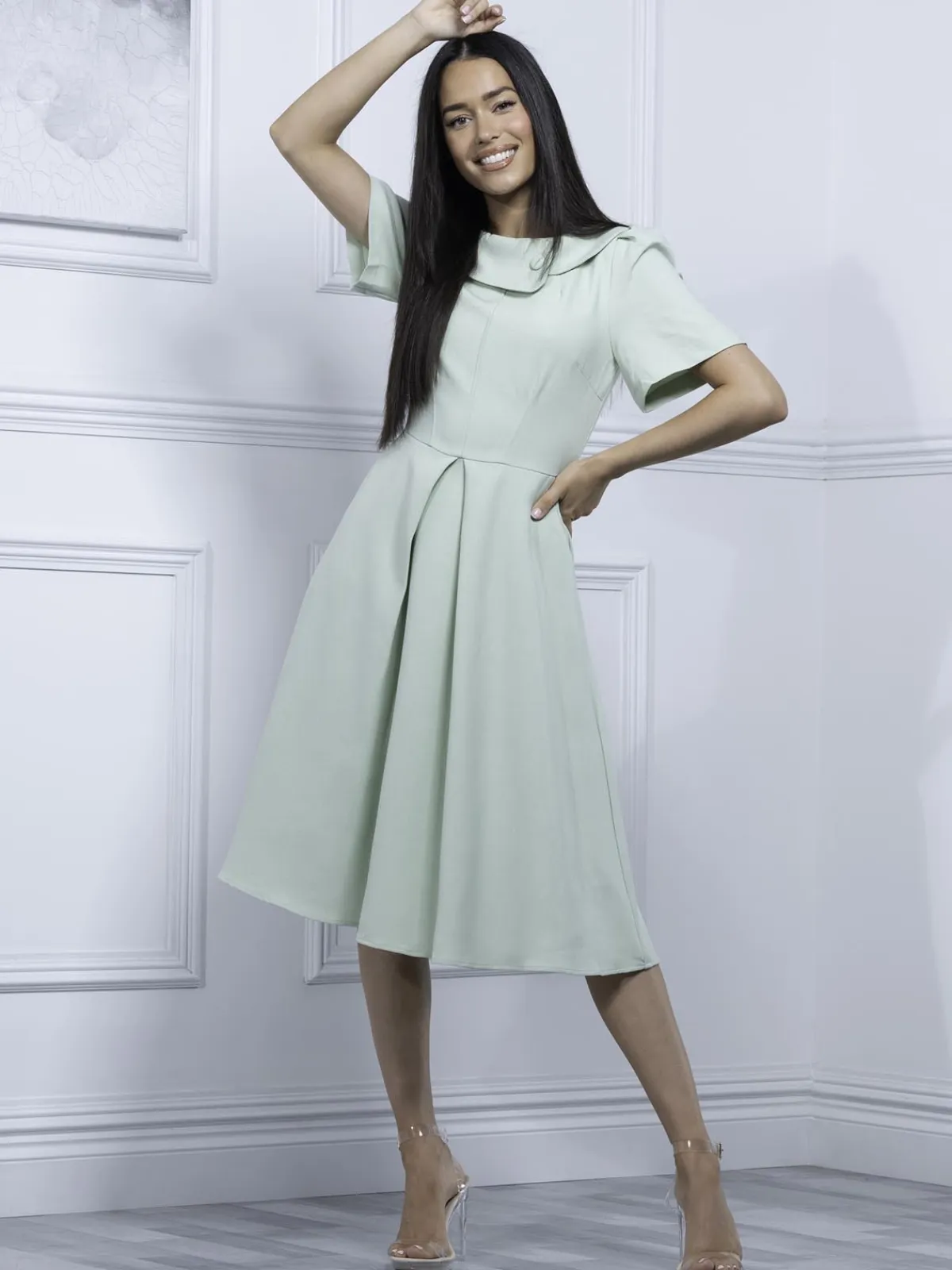 Jolie Moi Occasion Dresses|Weekend Casuals-Valery Button Collar Dress, Green Multi