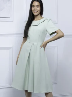 Jolie Moi Occasion Dresses|Weekend Casuals-Valery Button Collar Dress, Green Multi