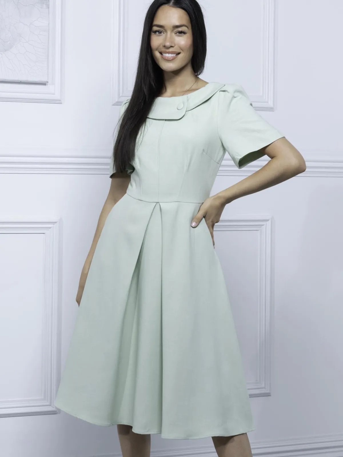 Jolie Moi Occasion Dresses|Weekend Casuals-Valery Button Collar Dress, Green Multi
