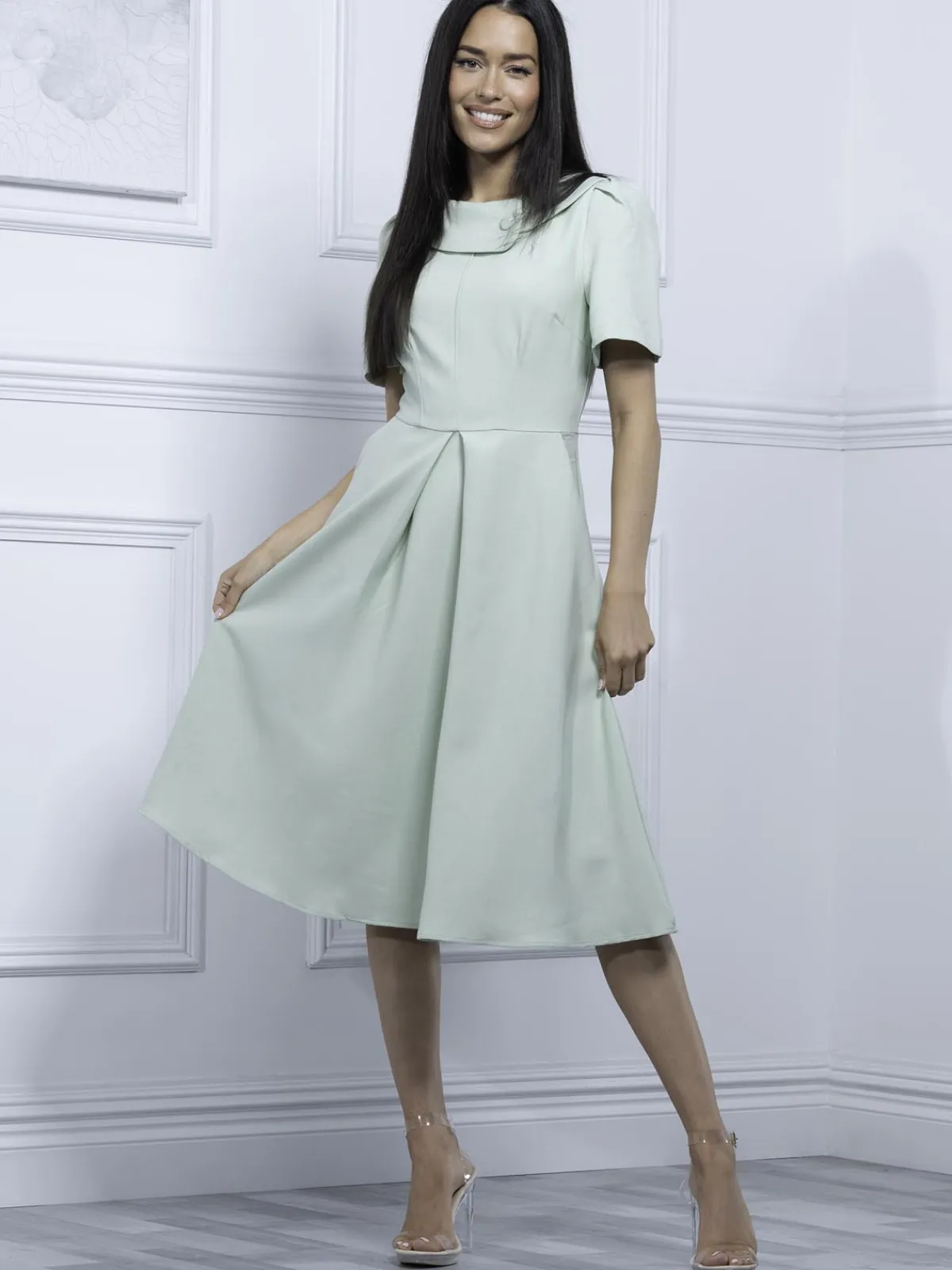 Jolie Moi Occasion Dresses|Weekend Casuals-Valery Button Collar Dress, Green Multi