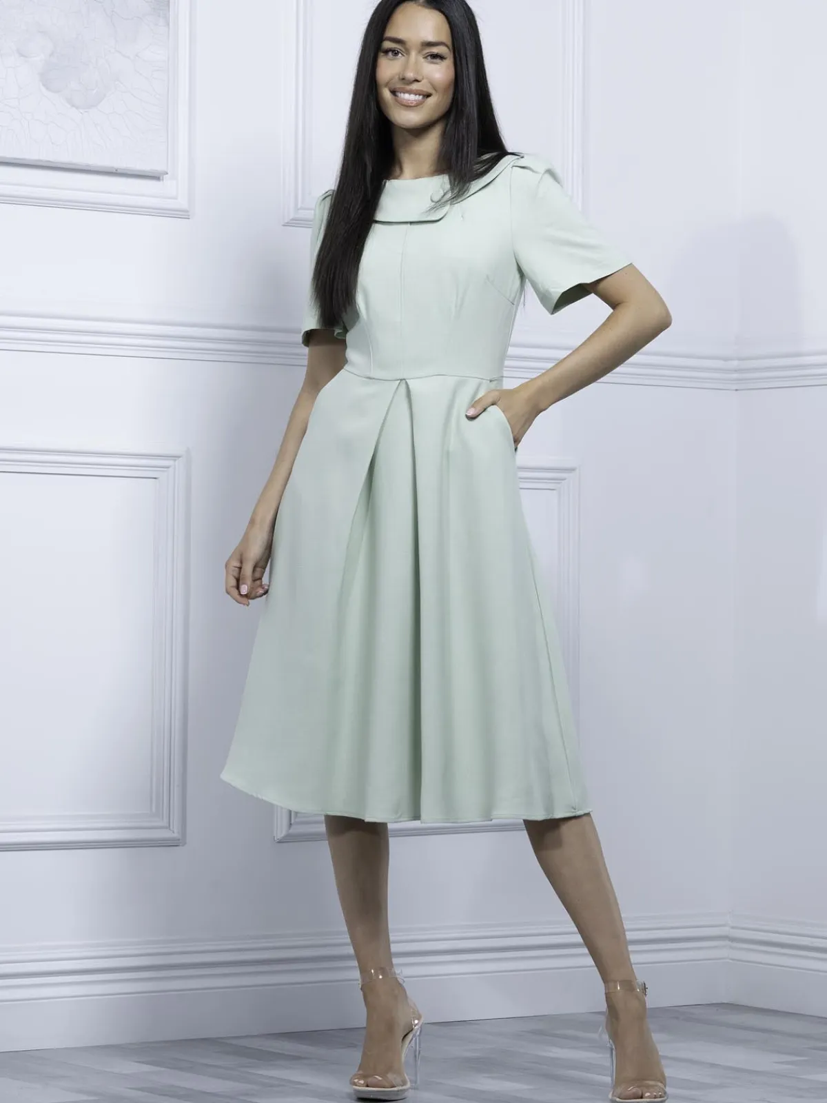 Jolie Moi Occasion Dresses|Weekend Casuals-Valery Button Collar Dress, Green Multi