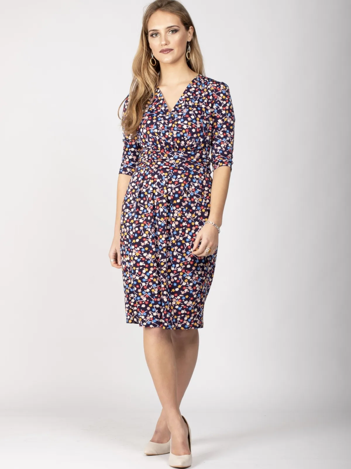 Jolie Moi Occasion Dresses|Jersey Dresses-Wrap Front Bodycon Dress, Navy Floral