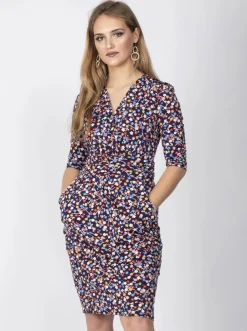 Jolie Moi Occasion Dresses|Jersey Dresses-Wrap Front Bodycon Dress, Navy Floral