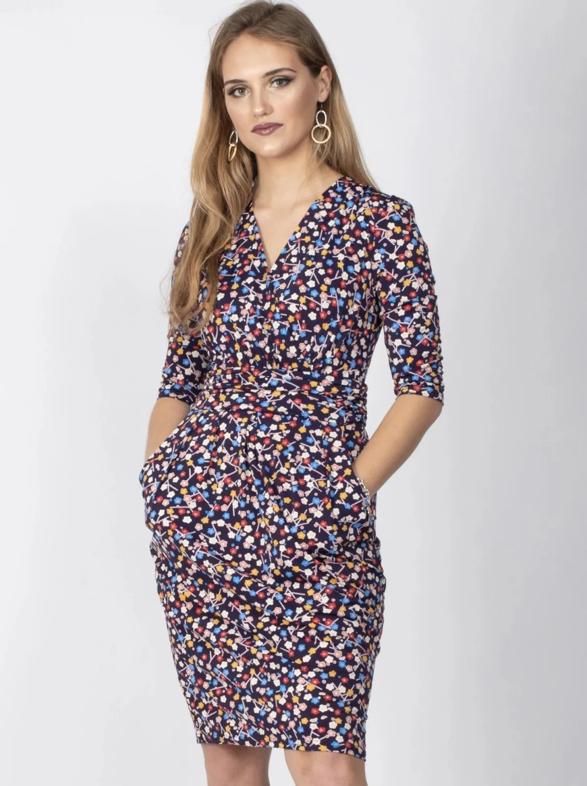 Jolie Moi Occasion Dresses|Jersey Dresses-Wrap Front Bodycon Dress, Navy Floral