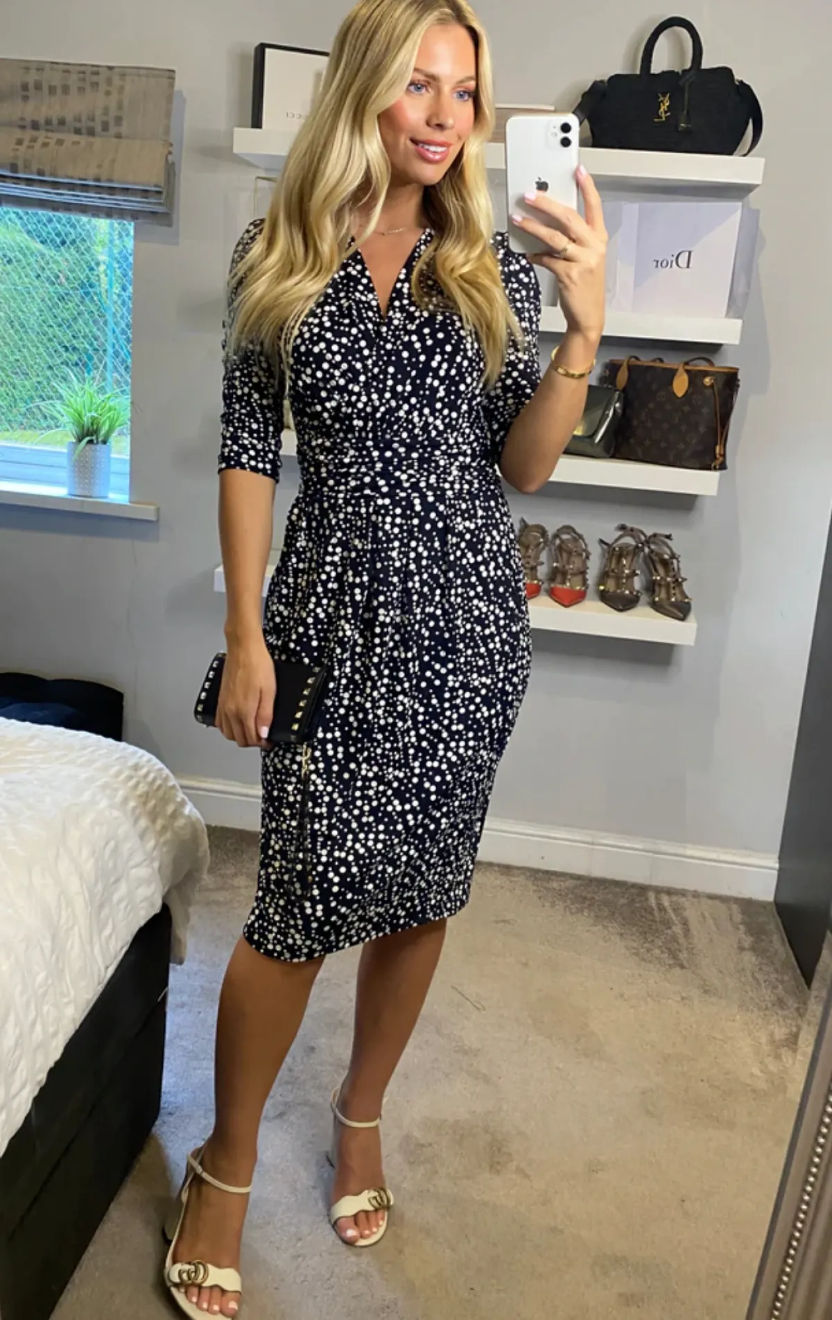 Jolie Moi Occasion Dresses|Jersey Dresses-Wrap Front Bodycon Dress, Navy Spot