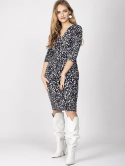 Jolie Moi Occasion Dresses|Jersey Dresses-Wrap Front Bodycon Dress, Navy Spot