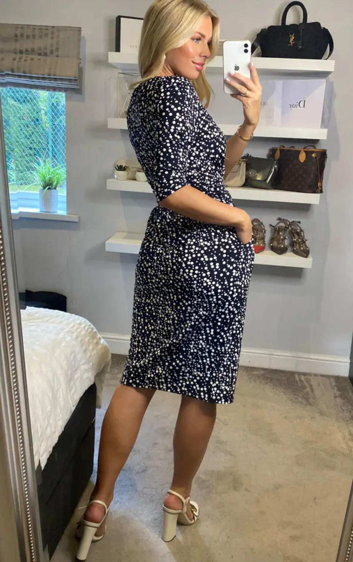 Jolie Moi Occasion Dresses|Jersey Dresses-Wrap Front Bodycon Dress, Navy Spot