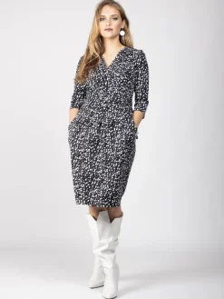 Jolie Moi Occasion Dresses|Jersey Dresses-Wrap Front Bodycon Dress, Navy Spot