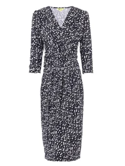 Jolie Moi Occasion Dresses|Jersey Dresses-Wrap Front Bodycon Dress, Navy Spot