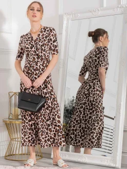 Jolie Moi Occasion Dresses|Jersey Dresses-Josie Animal Print Dress, Light Pink