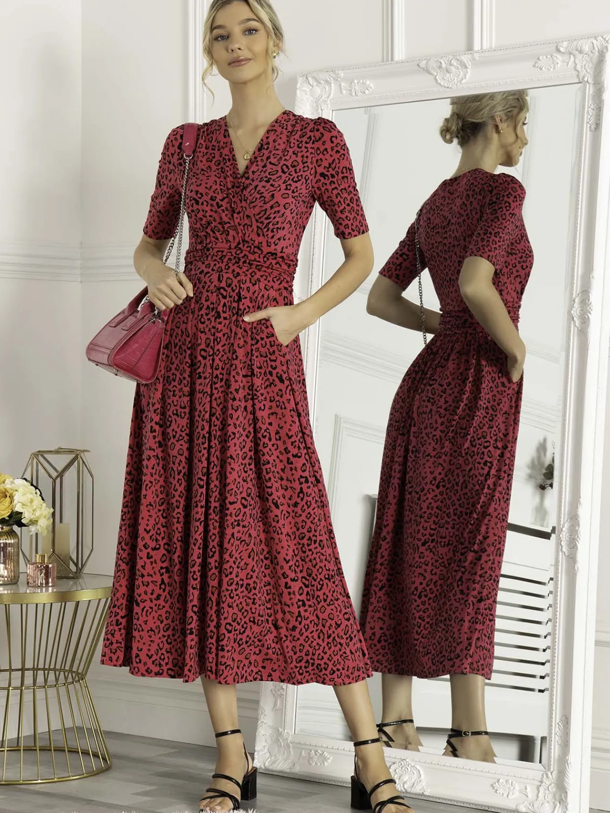 Jolie Moi Occasion Dresses|Jersey Dresses-Josie Animal Print Maxi Dress, Cerise