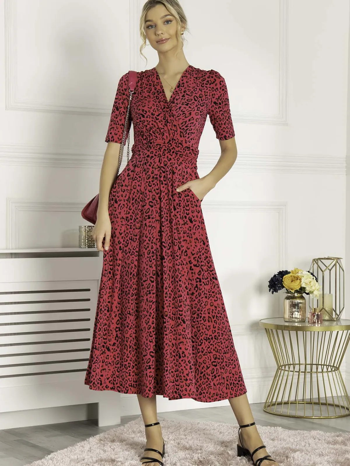Jolie Moi Occasion Dresses|Jersey Dresses-Josie Animal Print Maxi Dress, Cerise