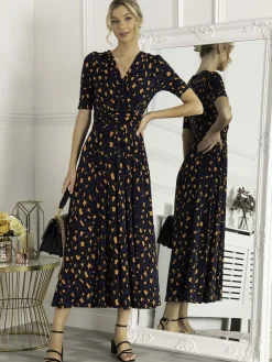 Jolie Moi Occasion Dresses|Jersey Dresses-Josie Animal Print Wrap Neck Maxi Dress, Navy Animal