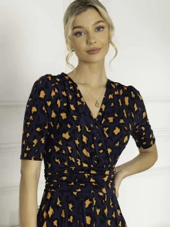Jolie Moi Occasion Dresses|Jersey Dresses-Josie Animal Print Wrap Neck Maxi Dress, Navy Animal