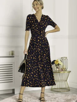 Jolie Moi Occasion Dresses|Jersey Dresses-Josie Animal Print Wrap Neck Maxi Dress, Navy Animal