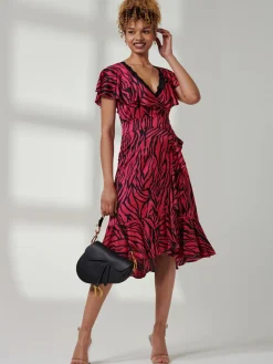 Jolie Moi Occasion Dresses|Animal Print Dresses-Julissa Satin Flare Hem Dress, Magenta Animal