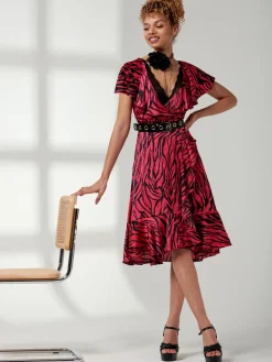 Jolie Moi Occasion Dresses|Animal Print Dresses-Julissa Satin Flare Hem Dress, Magenta Animal