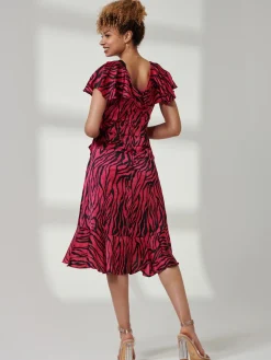 Jolie Moi Occasion Dresses|Animal Print Dresses-Julissa Satin Flare Hem Dress, Magenta Animal