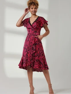 Jolie Moi Occasion Dresses|Animal Print Dresses-Julissa Satin Flare Hem Dress, Magenta Animal