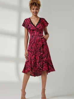 Jolie Moi Occasion Dresses|Animal Print Dresses-Julissa Satin Flare Hem Dress, Magenta Animal