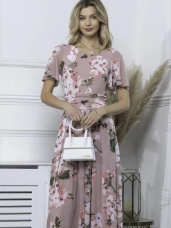 Jolie Moi Occasion Dresses|Mesh Dresses-Julita Floral Mesh Midi Dress, Pink Floral