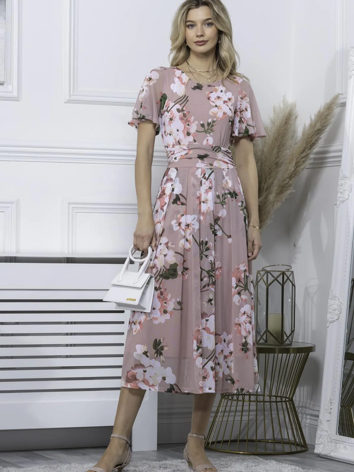 Jolie Moi Occasion Dresses|Mesh Dresses-Julita Floral Mesh Midi Dress, Pink Floral