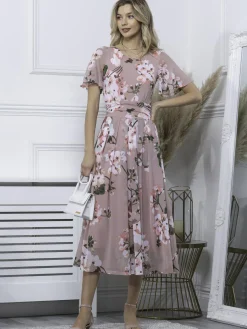 Jolie Moi Occasion Dresses|Mesh Dresses-Julita Floral Mesh Midi Dress, Pink Floral