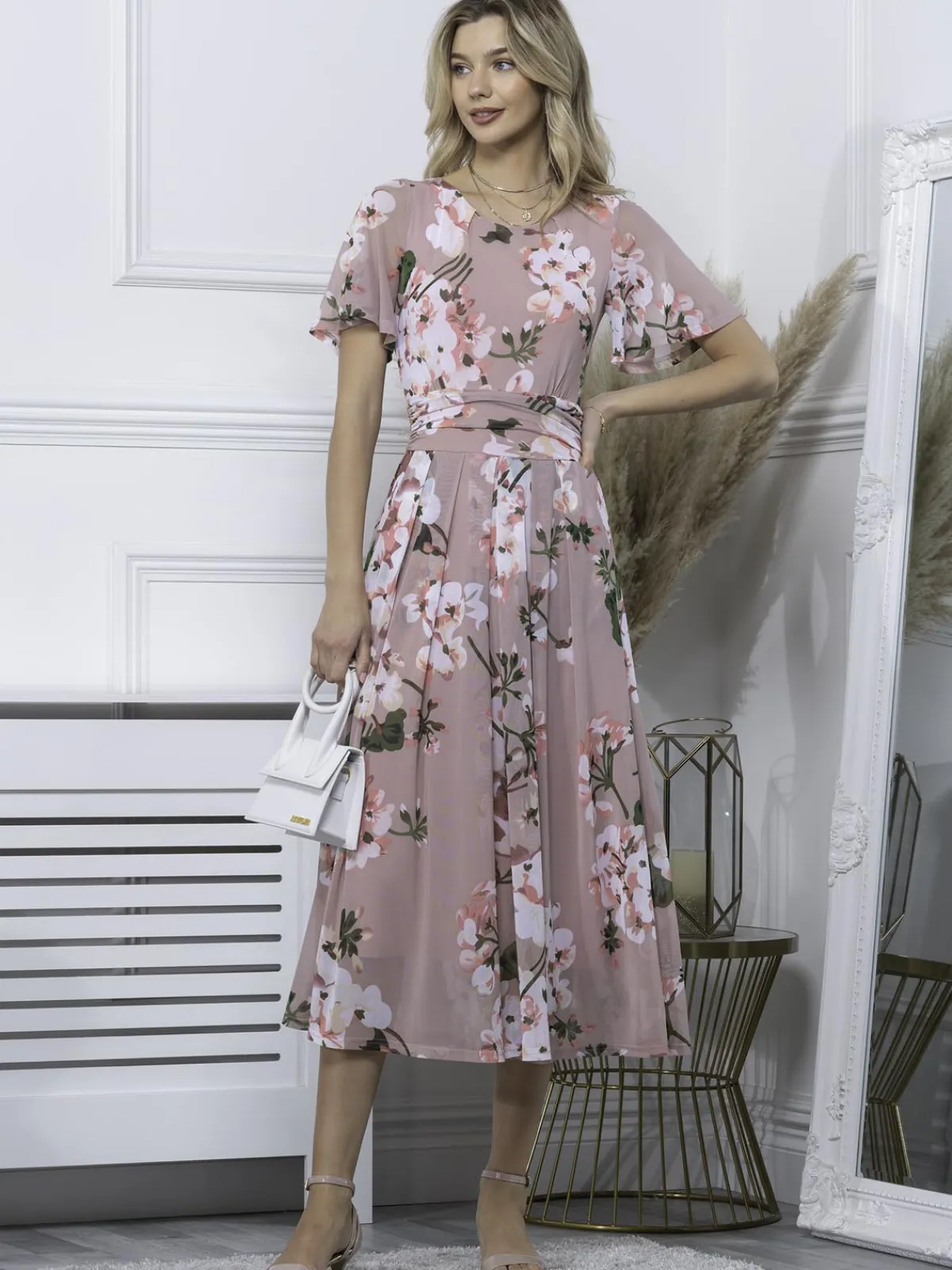 Jolie Moi Occasion Dresses|Mesh Dresses-Julita Floral Mesh Midi Dress, Pink Floral