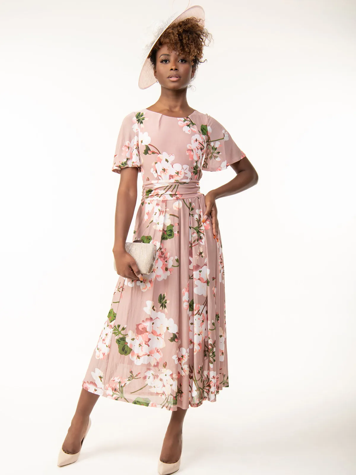 Jolie Moi Occasion Dresses|Mesh Dresses-Julita Floral Mesh Midi Dress, Pink Floral