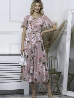 Jolie Moi Occasion Dresses|Mesh Dresses-Julita Floral Mesh Midi Dress, Pink Floral