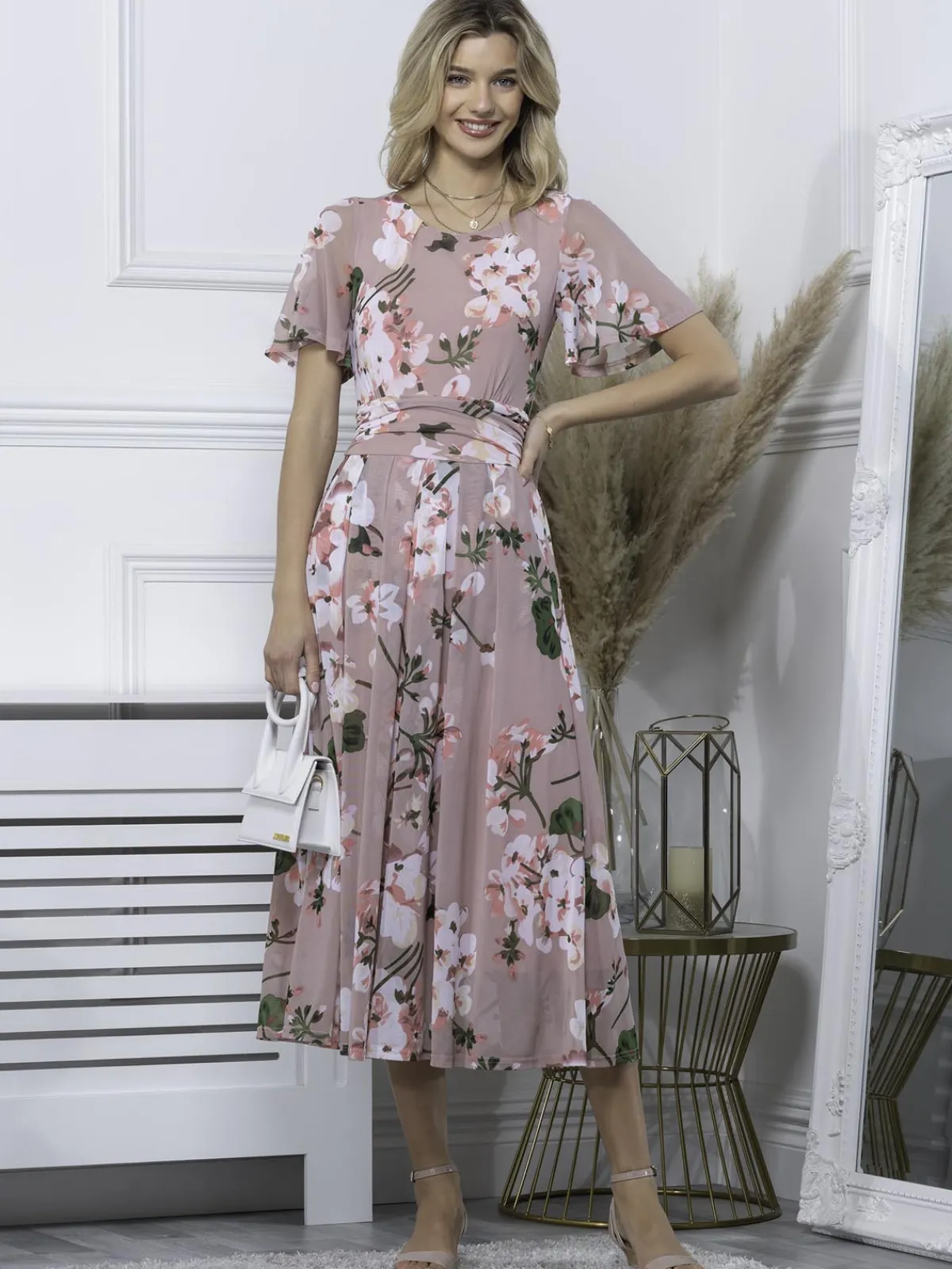 Jolie Moi Occasion Dresses|Mesh Dresses-Julita Floral Mesh Midi Dress, Pink Floral
