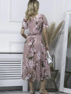 Jolie Moi Occasion Dresses|Mesh Dresses-Julita Floral Mesh Midi Dress, Pink Floral