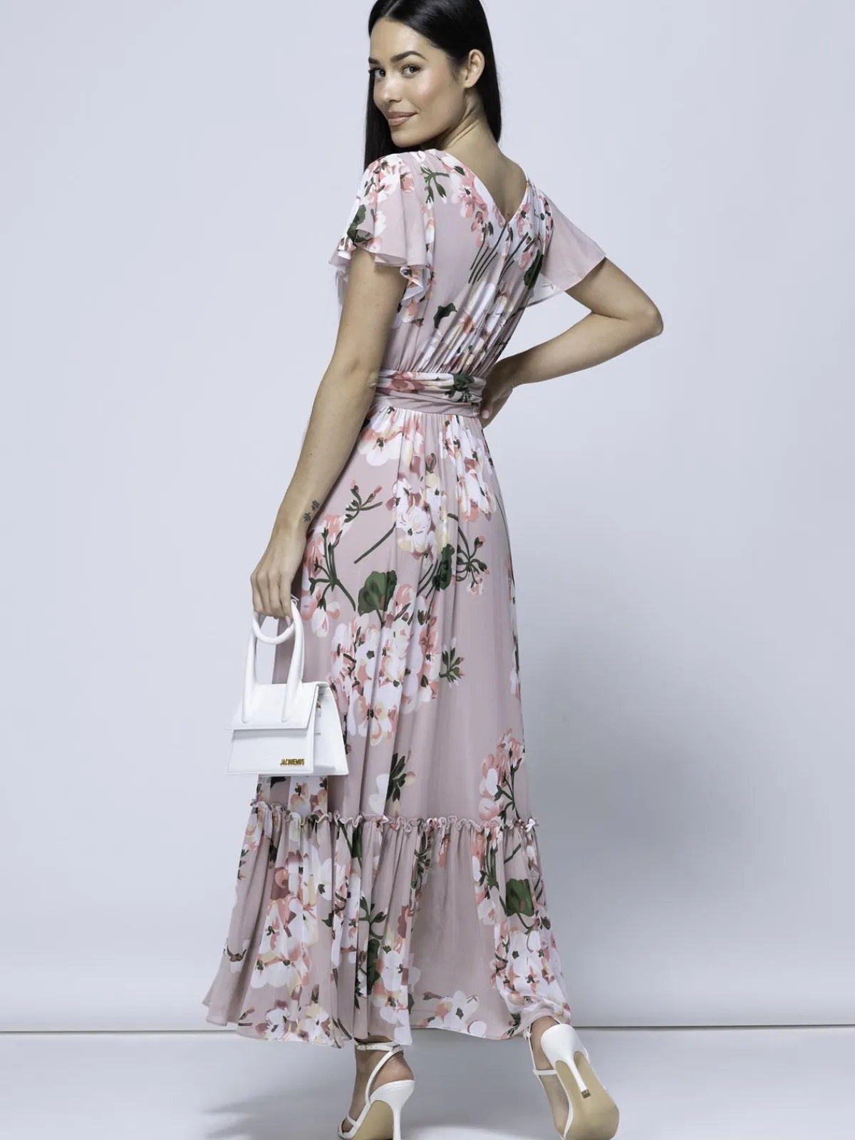 Jolie Moi Occasion Dresses-Kailee Mesh Floral Print Maxi Dress, Dusty Pink