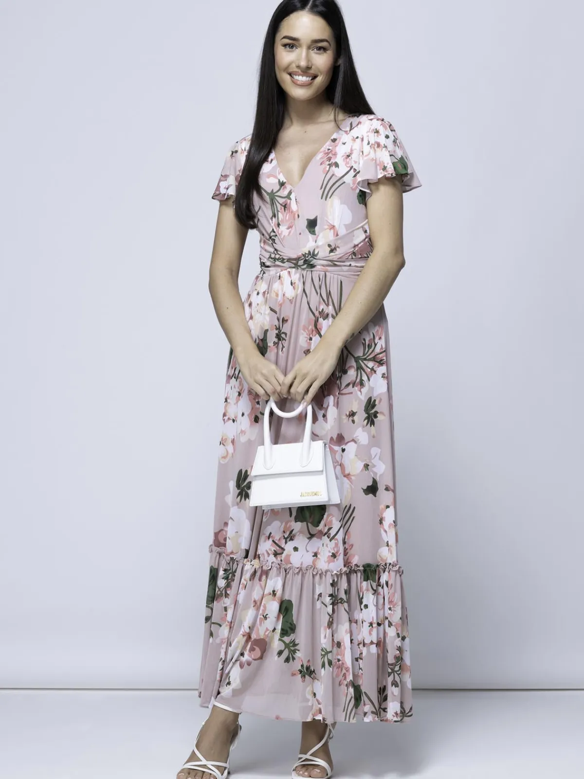 Jolie Moi Occasion Dresses-Kailee Mesh Floral Print Maxi Dress, Dusty Pink