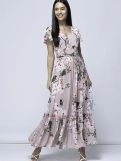 Jolie Moi Occasion Dresses-Kailee Mesh Floral Print Maxi Dress, Dusty Pink